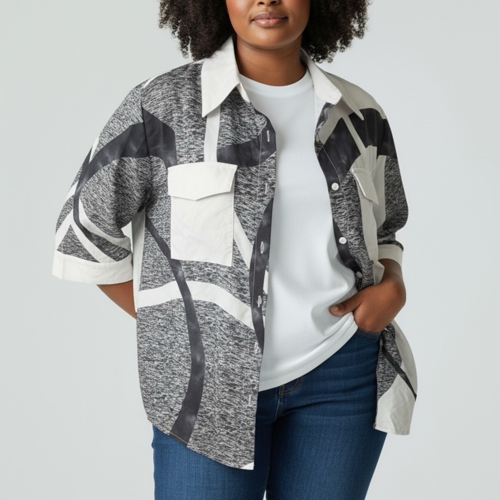 Black and Whiteâ Graphic Button-Up Shirt